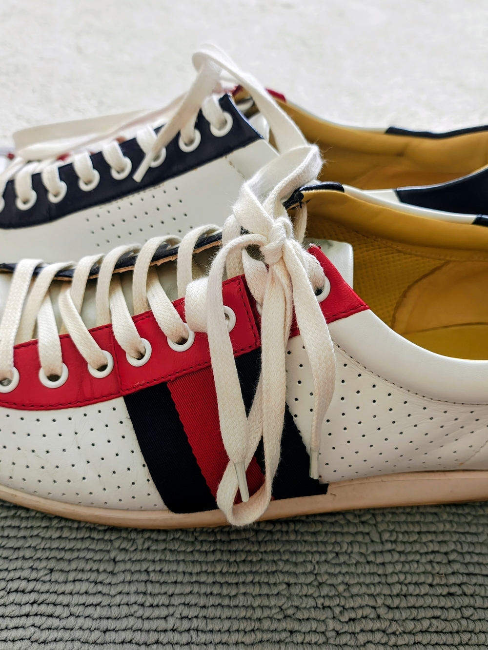 Gucci White Leather Sneakers with Red & Blue Web Stripe